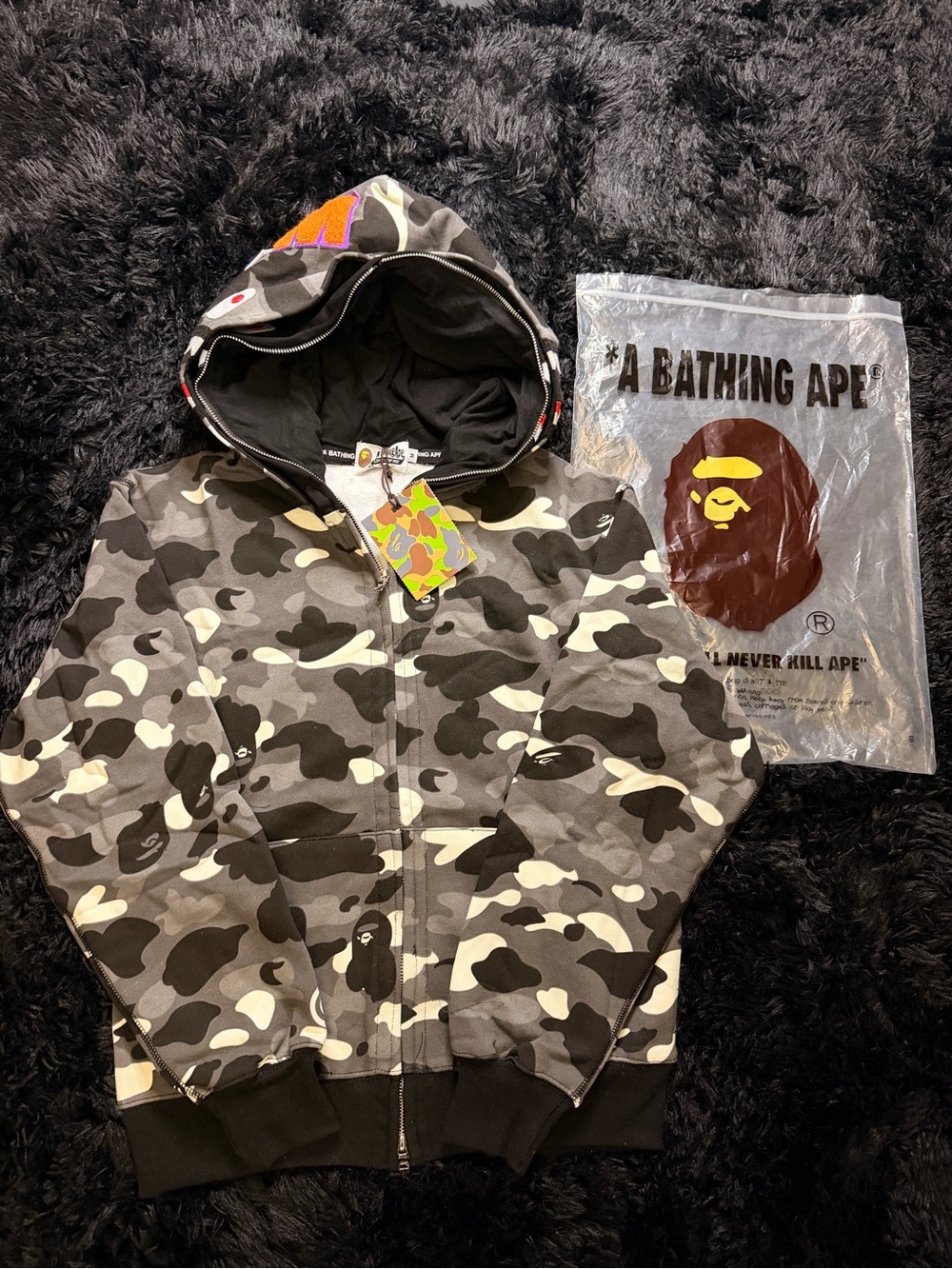 A Bathing Ape BAPE Black Grey Camo Shark Full Zip Hoodie